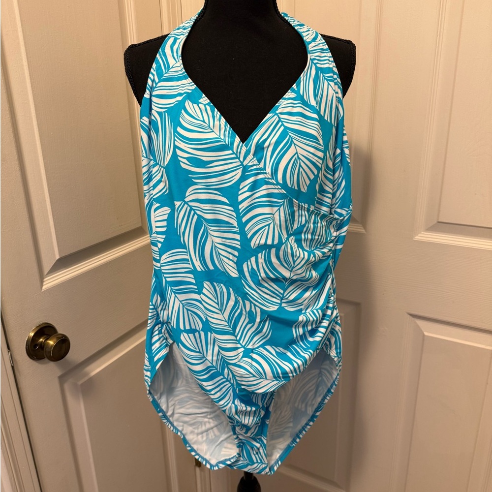 Talbots Aqua and White Leaf Print One Piece Size 20